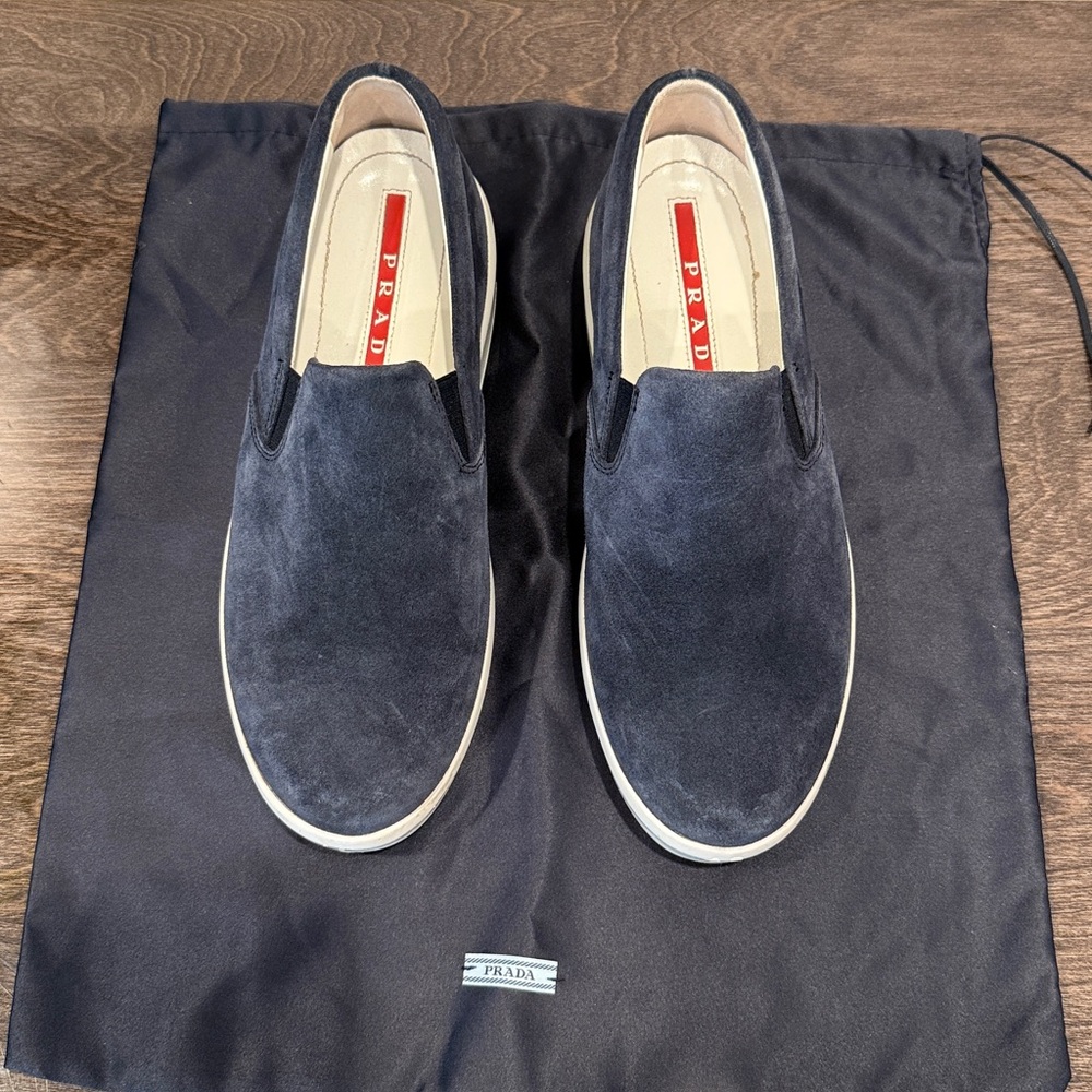 Prada Women Dark Blue Suede Slip-Ons. Authentic